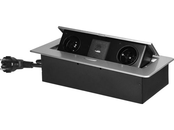 Orno stikkontakter innfelt i benkeplate med flatt frest kantparti, USB-uttak og 1,5 m kabel, 2x2P+Z, 2xUSB (A+C-type; 3,6A), sølv