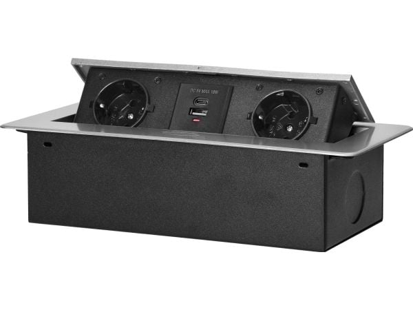 Orno uttak for møbel, innfelt i benkeplate, med flat fräst kant og USB-uttak, 2x2P+Z (Schuko), 2x USB (A+C-typ; 3,6A), sølv