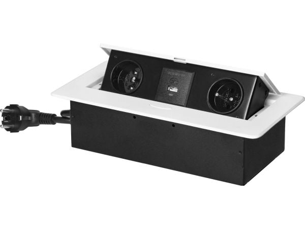 Orno uttak til møbler, innfelt i benkeplate, med USB A+C og 1,5 m kabel, 2x2P+Z, hvit