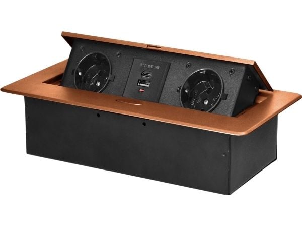 Orno Lizdas innfelt stikkontakt i benkeplate med flat freset kant og USB-ikonkontakt, gull, 2x2P+Z (Schuko), 2xUSB (A+C, 3,6A)