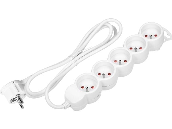 Orno Jatkojohto 5gang 2P+Z, 3m H05VV-F 3x1.5mm2, Imax=16A, litteä pistoke, valkoinen