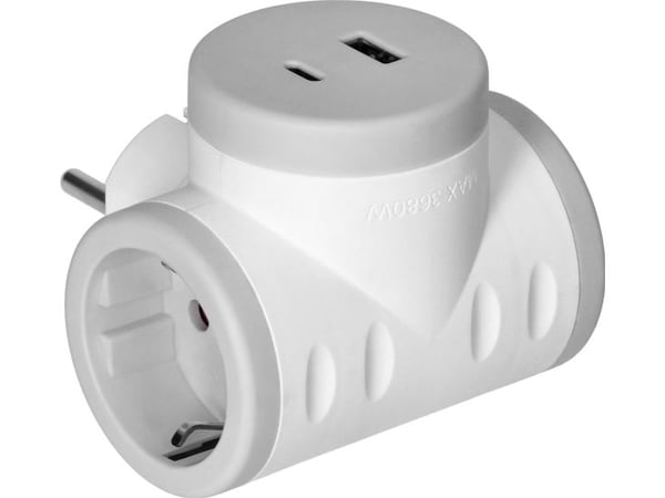 Orno 2P+Z (Schuko) jakaja 2xUSB-laturilla, pikalataus, valkoinen-harmaa Orno 2P+Z (Schuko) jakaja 2xUSB-laturilla, pikalataus, valkoinen-harmaa