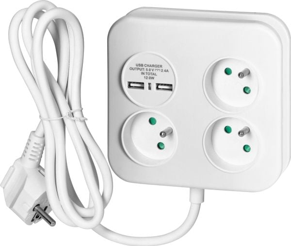 Orno neliön muotoinen pistorasia USB-laturilla 3x2P+Z, 2xUSB-A, kaapeli 3x1,0 mm2, 1,4 m