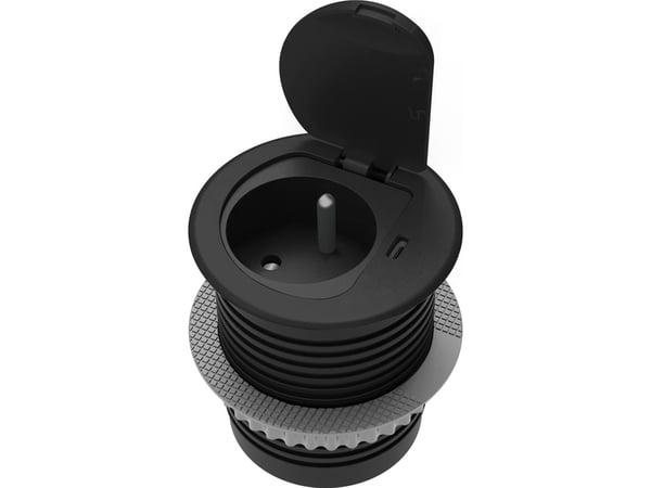 Orno Lizdas Baldinis uttak Ø6 cm, innfelt i benkeplate, med lokk, USB-strømadapter og 1,9 m kabel, 1x2P+Z (fransk), 1xUSB (Type C; 20W), svart