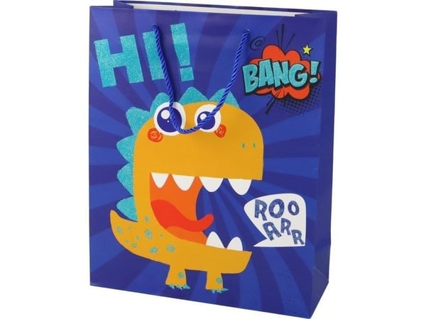 LeanToys gavepose i papir blå dinosaur 32 cm x 26 cm x 10 cm