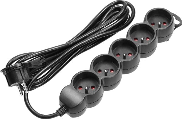 Orno Jatkojohto 5gang 2P+Z, 3m H05VV-F 3x1.5mm2, Imax=16A, litteä pistoke, musta