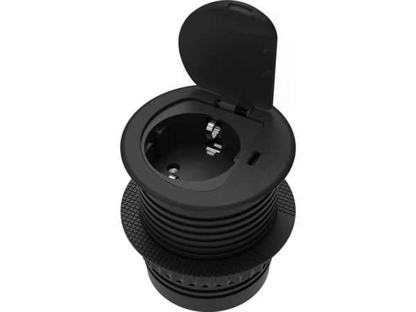 Orno uttak Ø6 cm med lokk, USB-lader og 1,9 m kabel, 1x2P+Z (Schuko), 1xUSB-C (20W), sort
