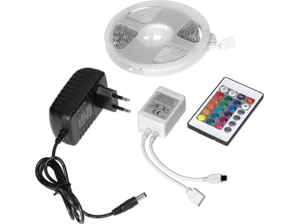 LED-listesett 12V 30L/m 100lm/m 7,2W/m IP20 RGB 5 m + RGB-kontroller + 12V strømforsyning