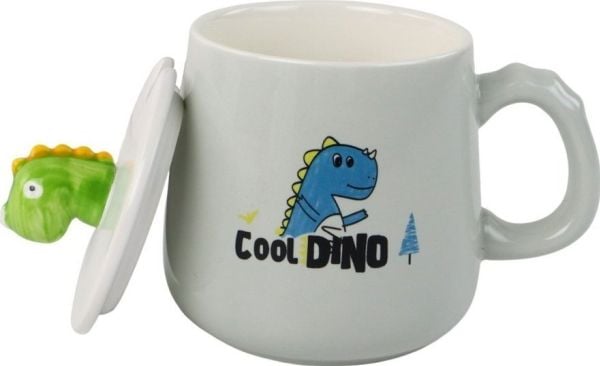 LeanToys keramikk-kopp Dino blå med lokk og skje 350 ml