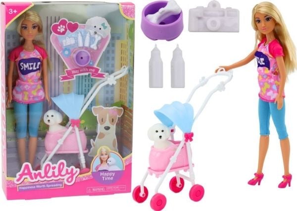 LeanToys Anlily dukke m. hund i vogn, flasker, skål og beinutstyr/apparat