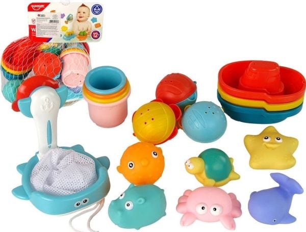 LeanToys bade-/leketøysett sjøleketøy, håv og båt, 17 deler