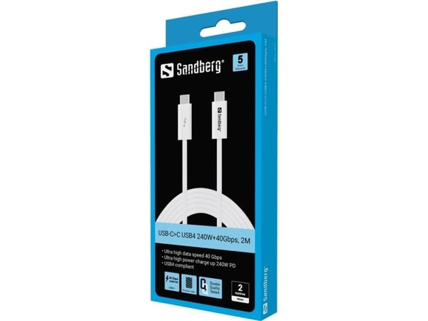 Sandberg USB-C>C USB4 240W+40Gbps, 2M, 2 m, USB C, USB C, USB4 Gen 3x2, 40 Gbit/sek., Hvid