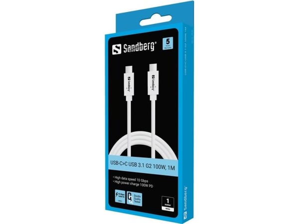 Sandberg - USB-kabel - USB-C (hane) till USB-C (hane) - USB 3.1 Gen 2 - 1 m - USB-strömförsörjning (100W), upp till 10 Gbps dataöverföringshastighe...