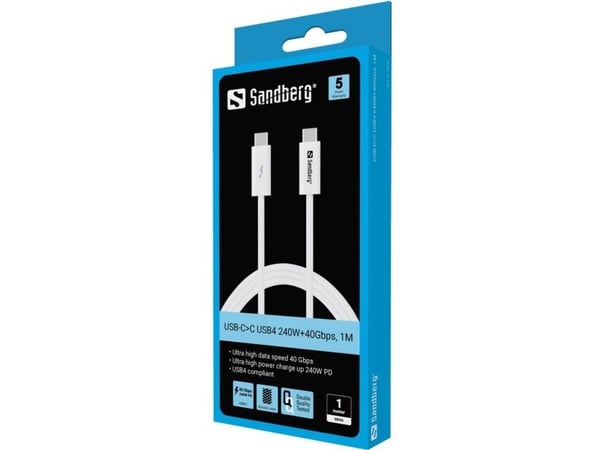 Sandberg USB-C>C USB4 240W+40Gbps, 1M, 1 m, USB C, USB C, USB4 Gen 3x2, 40 Gbit/sek., Hvid