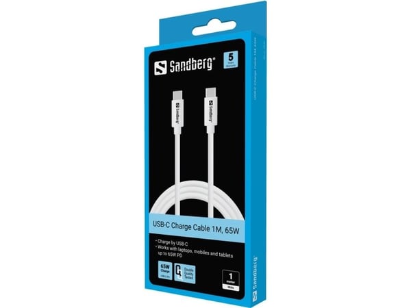 Sandberg - USB-kabel - 24 pin USB-C (hann) til 24 pin USB-C (hann) - USB 3.1 Gen 1 - 1 m - USB Power Delivery (65 W) - hvit