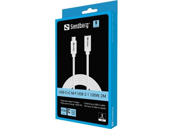 Sandberg USB-C>C M-F USB 3.1 100W, 2M, 2 m, USB C, USB C, USB 3.2 Gen 2 (3.1 Gen 2), 10 Gbit/sek., Hvid