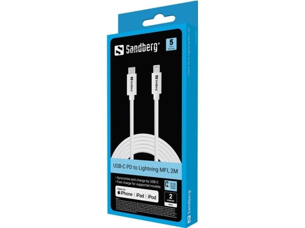 Sandberg - Lightning-kabel - Lightning hann til 24 pin USB-C hann - 2 m - hvit - Power Delivery-støtte