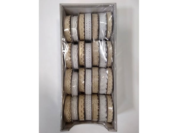 Poirsirhurt dekorbånd H019 blonder 1,5 cm x 3 m 28 stk miks/hvit og elfenben
