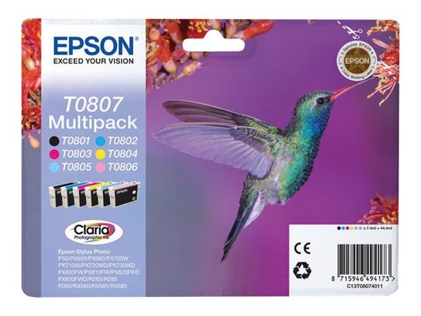 Epson Multipack 6-väriä T0807 Claria Photographic Ink, musta, Syaani, Vaalea syaani, Vaalea Magenta, Magenta, Keltainen, 1 kpl, Monipakkaus