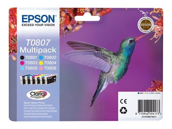 Epson Multipack 6-väriä T0807 Claria Photographic Ink, musta, Syaani, Vaalea syaani, Vaalea Magenta, Magenta, Keltainen, 1 kpl, Monipakkaus