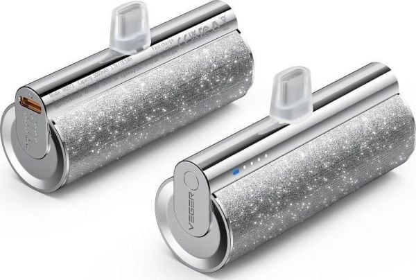 Veger Powerbank VEGER powerbank 5000 mAh med innebygd Lightning PD QC3.0-kontakt 2,4A 12W PlugOn (W0573P) sølv