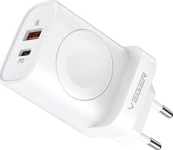 Veger-lader: USB A + Type-C nettlader + induksjonslader kompatibel med Apple Watch PD QC3.0 3A 25W W002E hvit