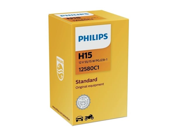 Philips Standard 12580C1 Frontlyspærer til bil, 55 W, 12 V, H15, Halogen, 1 stykker
