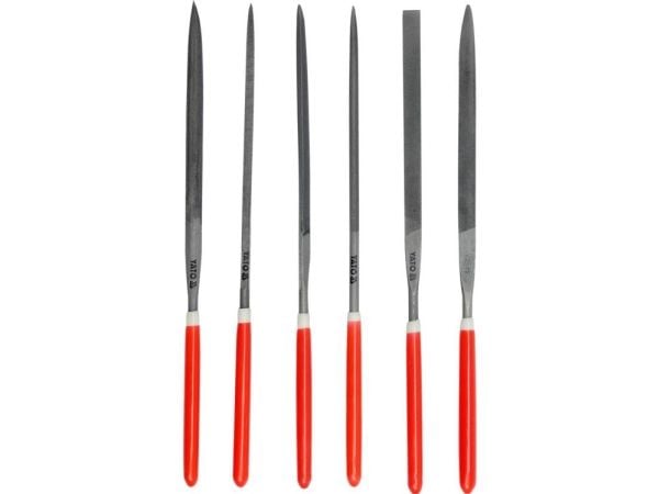 Yato YT-6160, Sats med filer, Klämmapp, Halvrund fil, Rund fil, Fyrkant, Trekantsfil, Metall, Kolstål, Polyvinylklorid (PVC), Röd