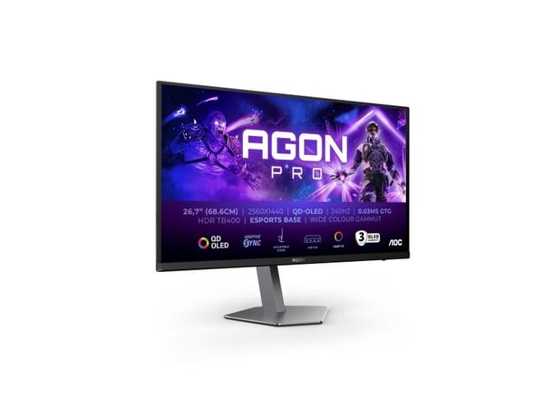 AOC AGON PRO AG276QZD2, 240 Hz, 67,8 cm (26,7"), 2560 x 1440 pikseliä, Quad HD, QD-OLED, 0,03 ms, Harmaa AOC AGON PRO AG276QZD2, 240 Hz, 67,8 cm (26,7"), 2560 x 1440 pikseliä, Quad HD, QD-OLED, 0,03 ms, Harmaa