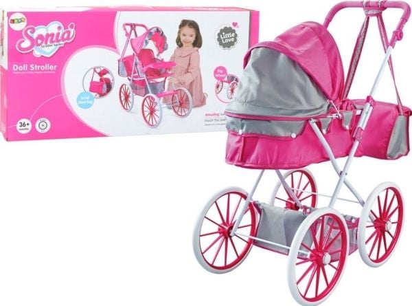 LeanToys dukkevogn i metall med veske, store hjul, rosa