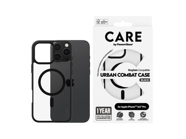 PanzerGlass CARE™ by ® Urban Combat Case Transparent w. Black Frame & MagSafe iPhone 16 Pro Max, Suojus, Apple, Apple - iPhone 16 Pro Max, musta