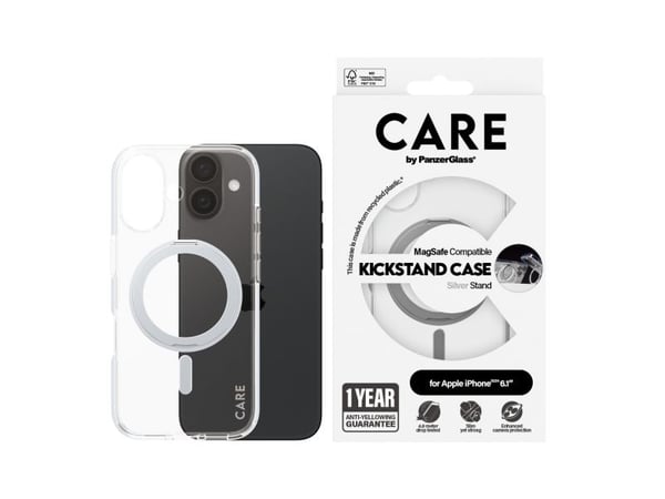 CARE by PanzerGlass - Baksidedeksel for mobiltelefon - MagSafe-samsvar - resirkulert plast - gjennomsiktig, sølv - for Apple iPhone 16