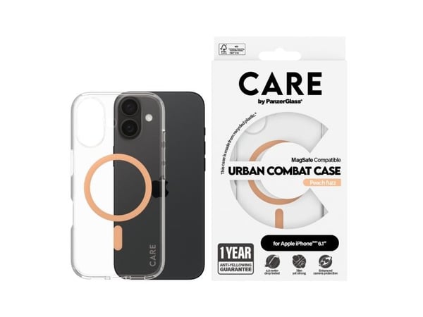 CARE by PanzerGlass Urban Combat - Baksidedeksel for mobiltelefon - MagSafe-samsvar - resirkulert plast - gjennomsiktig, ferskenfarge - for Apple i...