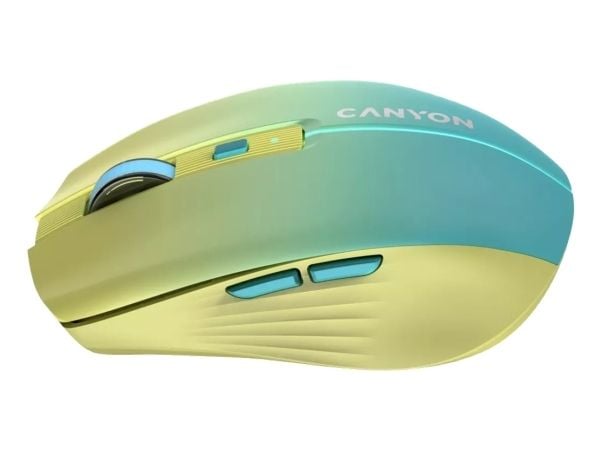 Canyon MW-44 - Mus - ladbar - optisk - 8 knapper - trådløs - 2.4 GHz, Bluetooth 5.0 - USB trådløs mottaker - blå, gul - hengeboks