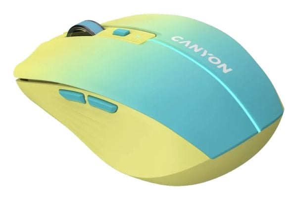 Canyon MW-44 - Mus - ladbar - optisk - 8 knapper - trådløs - 2.4 GHz, Bluetooth 5.0 - USB trådløs mottaker - blå, gul - hengeboks