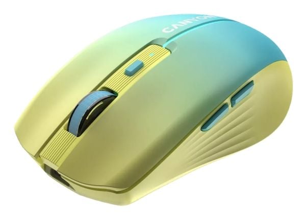 Canyon MW-44 - Mus - ladbar - optisk - 8 knapper - trådløs - 2.4 GHz, Bluetooth 5.0 - USB trådløs mottaker - blå, gul - hengeboks