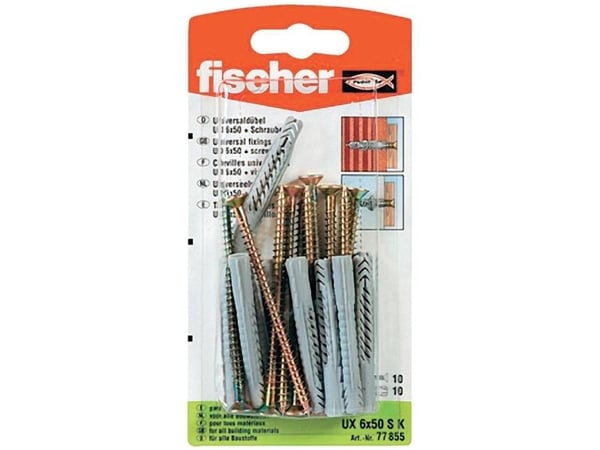 Fischer UX 6 x 50 S, Skrue- og veggpluggsett, Betong, Grå, 50 mm, 6 mm, 6,5 cm