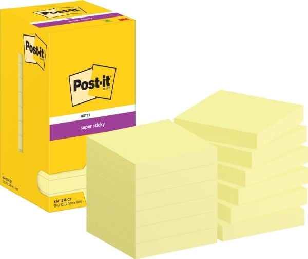 Notes, Post-it, Super sticky, gul, 76 x76mm, pakke a 12 stk 100 % PEFC Certified