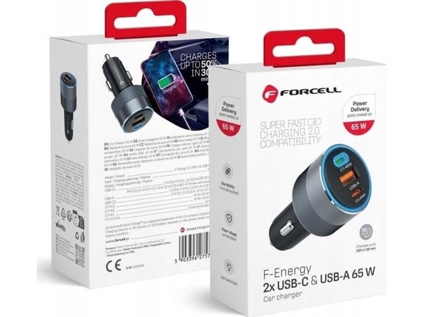 ForCell F-ENERGY alu bil-laddare 2x Typ C + USB A PD QC4.0 SFC2.0 4,5A 65W grå