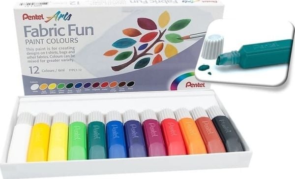 Pentel FFPC1-12, Sort, Blå, Brun, Grønn, Limefarget, Fiolblå, Marineblå, Ochre, Oransje, Rød, Hvit, Gult, Tekstil maling, 6 ml, 12 stykker |