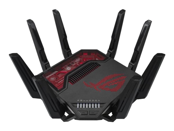 ASUS ROG Rapture GT-BE19000, Wi-Fi 7 (802.11be), Kolmikaista (2,4 GHz/5 GHz/6 GHz), Ethernet LAN, musta, Punainen, Pöytäreititin ASUS ROG Rapture GT-BE19000, Wi-Fi 7 (802.11be), Kolmikaista (2,4 GHz/5 GHz/6 GHz), Ethernet LAN, musta, Punainen, Pöytäreititin