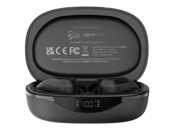 Boompods Sportpods ocean - True wireless-hodetelefoner med mikrofon - i øret - over-øret-montering - Bluetooth - svart