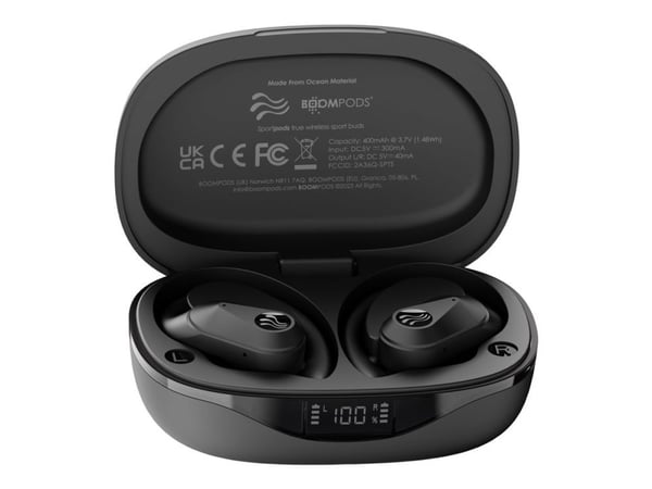 Boompods Sportpods ocean - True wireless-hodetelefoner med mikrofon - i øret - over-øret-montering - Bluetooth - svart