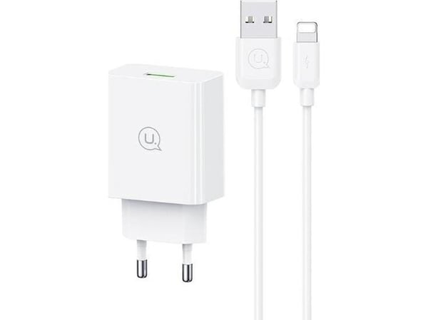 USAMS Laidinis įkroviklis 18W + kabelis Lightning/ USB-A Fast Charging baltos spalvos sarja SC SC SCXLTZ03