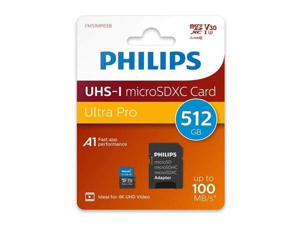 Philips FM51MP65B/00, 512 GB, MicroSDHC, klasse 10, UHS-I, 100 MB/s, 80 MB/s