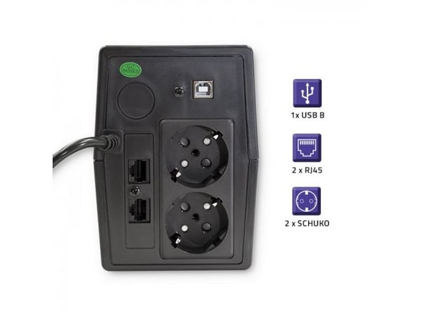Qoltec Monolith - UPS - AC 140-300 V - 360 Watt - 650 VA - 7 At - USB - utgangskontakter: 2 - svart