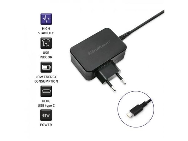 Qoltec 65W nettlader | 5-20V | 3-3,25A | USB type C | PD | Svart