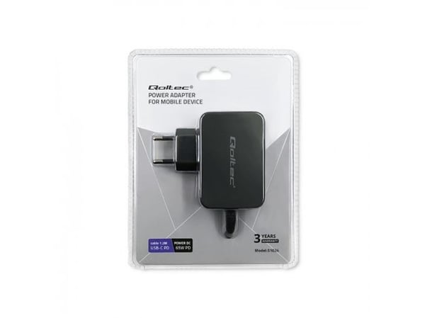 Qoltec 65W nettlader | 5-20V | 3-3,25A | USB type C | PD | Svart