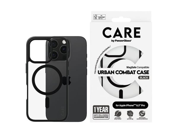 CARE by PanzerGlass Urban Combat - Baksidedeksel for mobiltelefon - svart ramme - MagSafe-samsvar - resirkulert plast - gjennomsiktig, svart - for ...