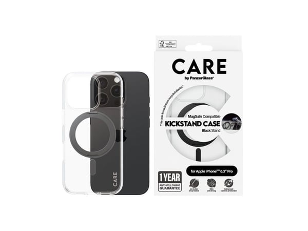 CARE by PanzerGlass - Baksidedeksel for mobiltelefon - MagSafe-samsvar - resirkulert plast - gjennomsiktig, svart - for Apple iPhone 16 Pro